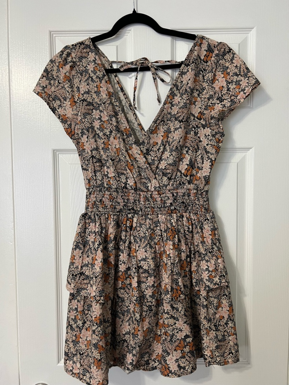 American Eagle Outfitters Floral Wrap Smocked Mini Dress - Black & Peach